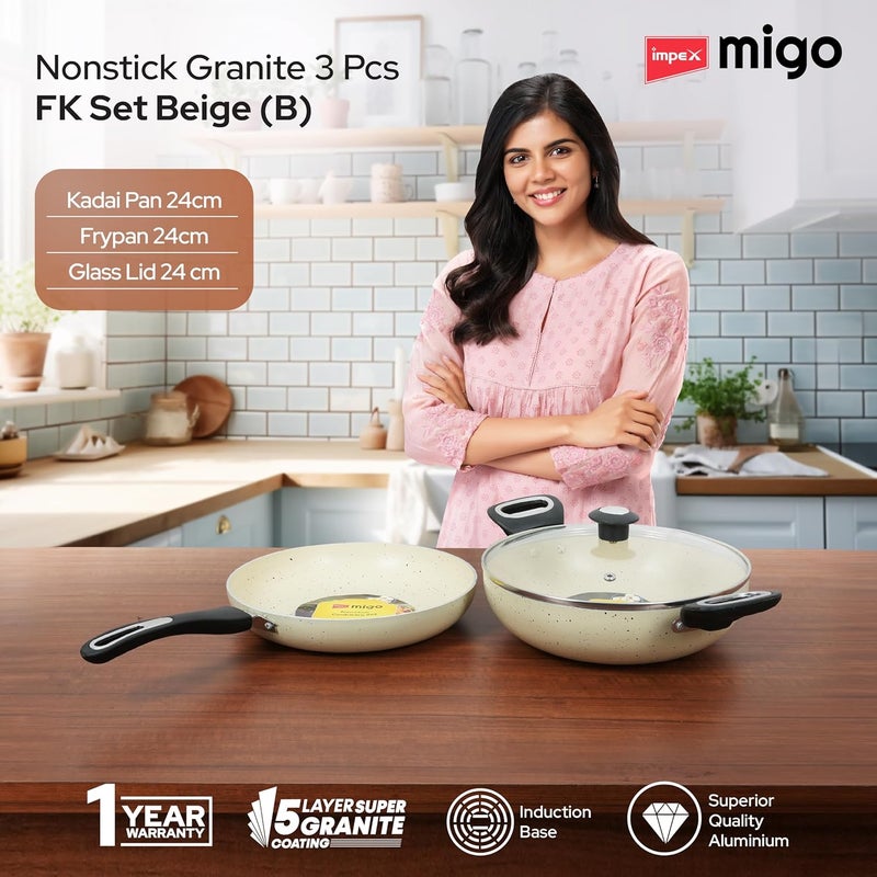Impex Impex Migo Nonstick Cookware Set | 3 Pcs Induction Bottom Cookware Set 3 mm Thickness | Aluminium Cookware Set | Granite Finish | 5 Layer Super Granite Coating | PFOA Free | 1 Year Warranty - Image 2