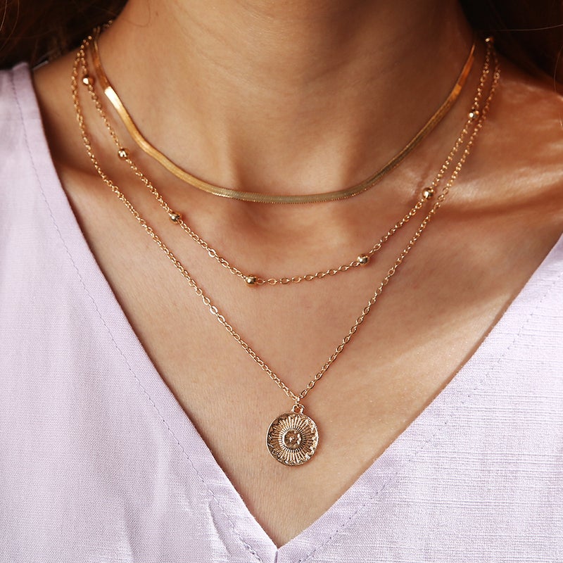 Generic Factory direct ins cross-border classic gold beads flat snake chain disc three-layer necklace womens small fragrance wholesale Gold sku2775 