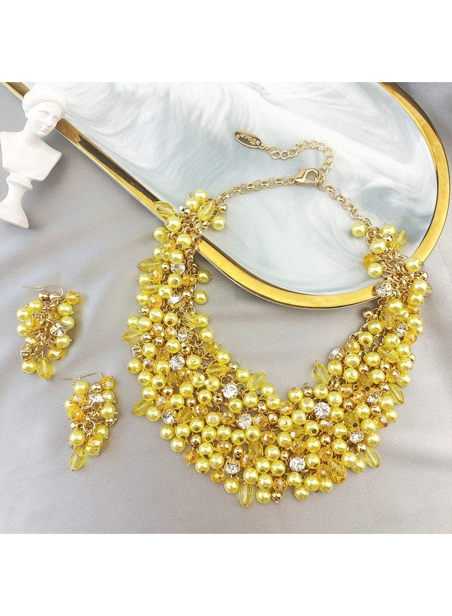 Bocar Fashion Crystal Chunky Collar Statement Necklace Earring Set For Women Gift (Nk-10260) (Yellow) - Image 3