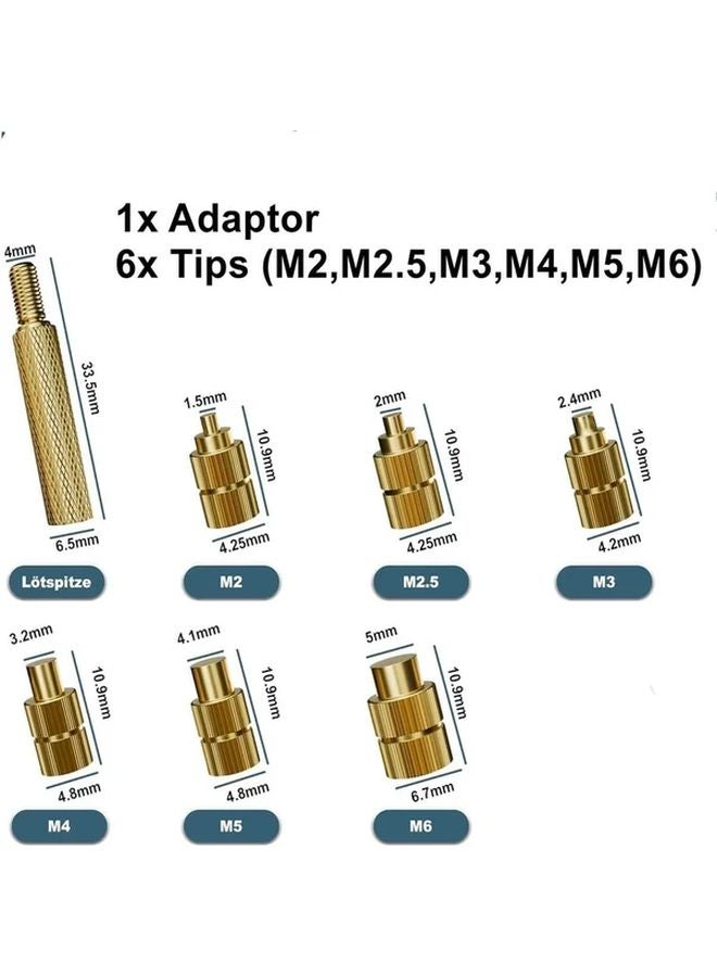 7Pc Heat Set Insert Soldering Iron Tip Kit M2 M3 M4 M5 M6 Brass Thread Inserts - Image 2