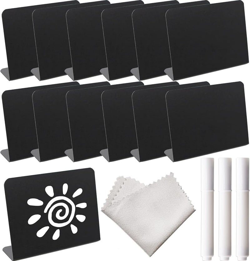 QKSEJ 12 Pack Mini Chalkboard Signs with 3 Marker Pens and 1 Gray Cleaning Cloth Small Black Chalk Board Signs Erasable Rectangle Chalkboard for School Message Board Sign Wedding Birthday Party - Image 1