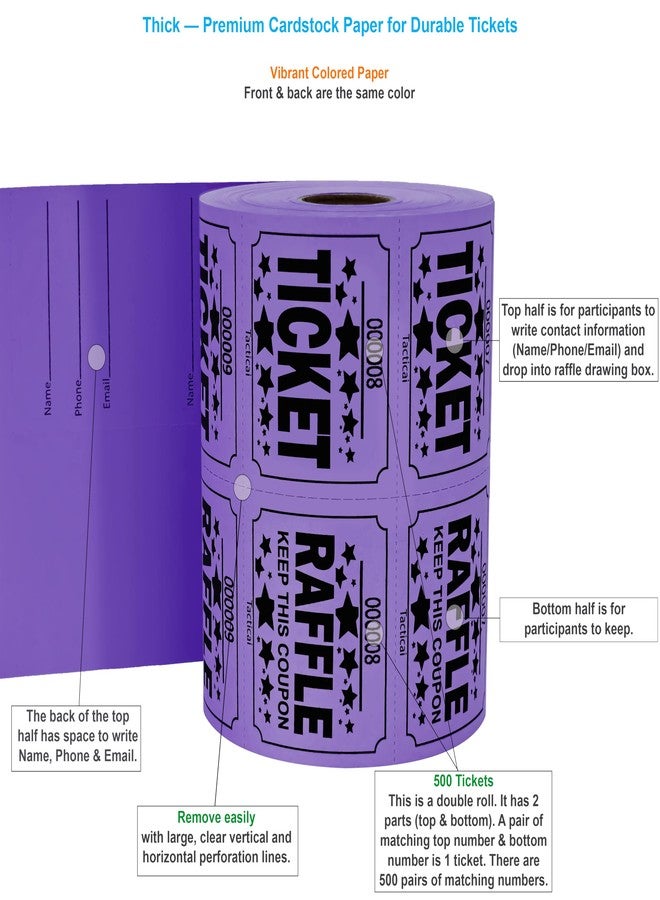 Tacticai 500 Raffle Tickets, Purple (1 of 8 Colors), Double Roll, Large Ticket for Events, Entry, Class Reward, Fundraiser & Prizes - Image 2
