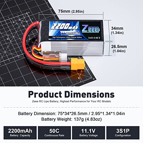 Zeee 3S Lipo Battery 2200mAh 11.1V 50C Shorty Pack Battery with XT60 Plug for RC Car Truck RC Vehicles Boat Drone RC Airplane Quadcopter Helicopter FPV Racing Hobby Models(2 Pack) - Image 2