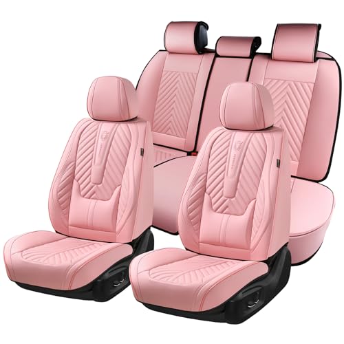 Coverado Seat Covers Full Set Luxury Leather Pink Car Seat Covers for Car with Lumbar Support Automotive Seat Covers Waterproof Car Seat Protector Universal Fit for Most Cars SUV Truck