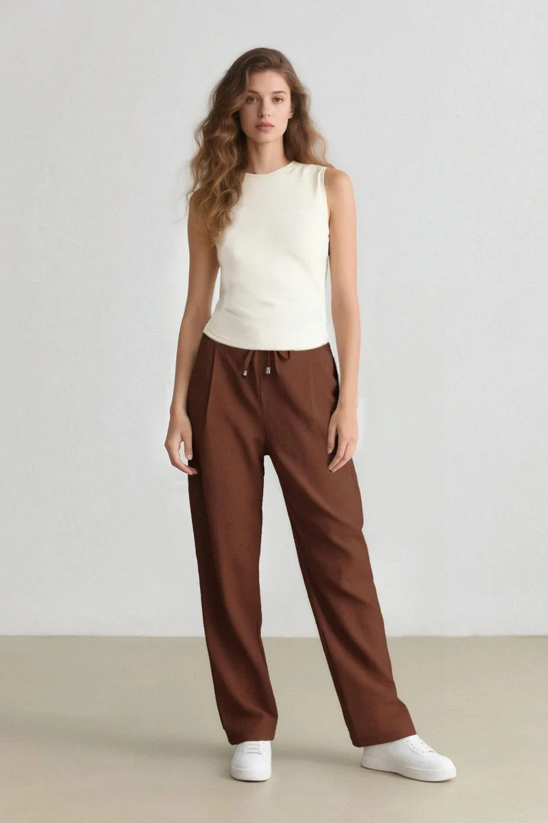 ديفاكتو Linen Look Pocketed High Waist Straight Leg Jogger Trousers