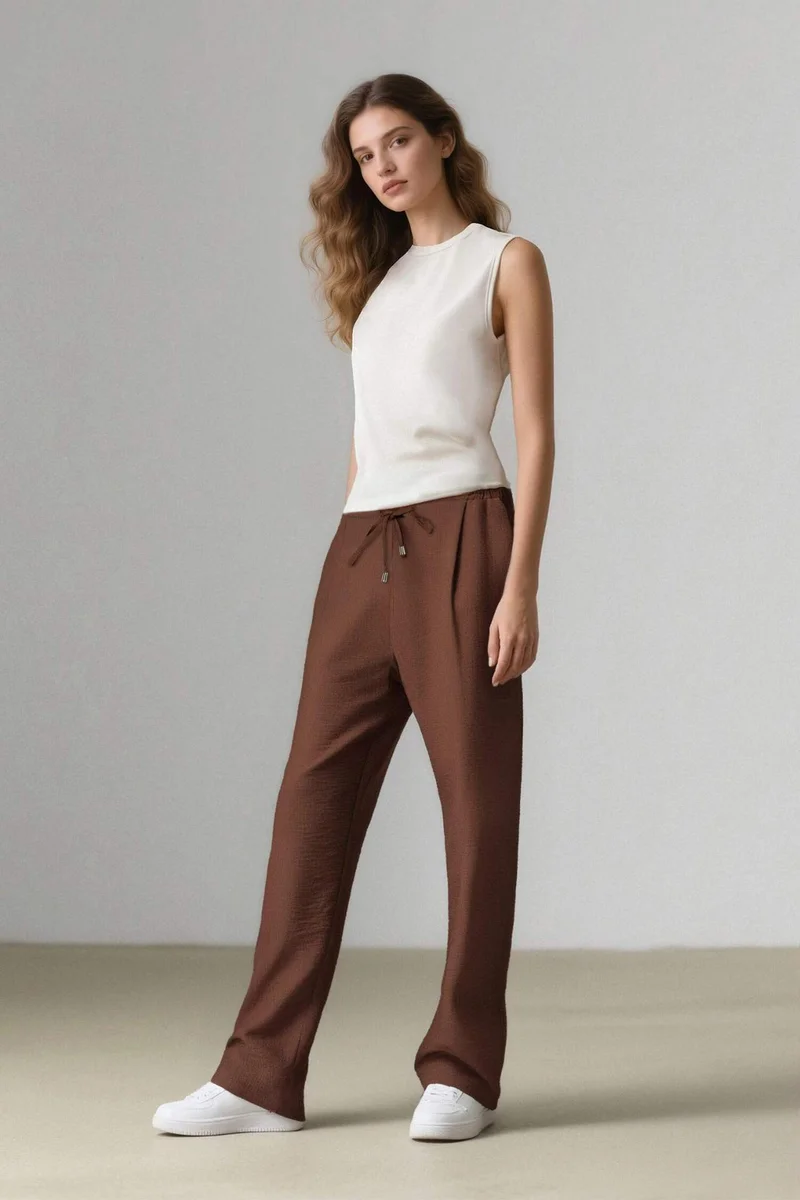 ديفاكتو Linen Look Pocketed High Waist Straight Leg Jogger Trousers