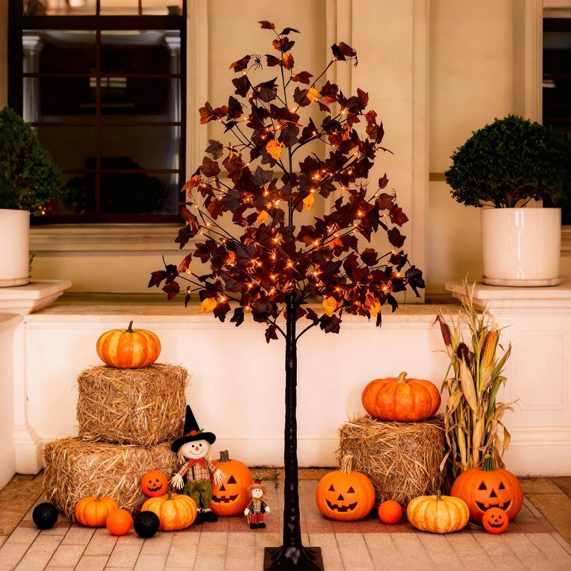 TYBEEU 6ft Black Maple Halloween Tree with LED Skull Lights & Spiders - Indoor/Outdoor Waterproof Decor - 160 Bulbs, Dimmable Timer, 16ft Cord - Image 1