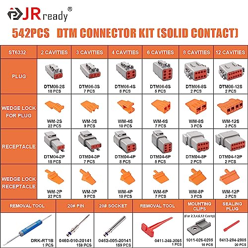 JRready ST6332 Deutsch DTM Connector Kit 2 3 4 6 8 12 Pin Gray Waterproof DTM Connectors Size 20 Solid Contact 1622AWG Removal Tool Seal Plugs Automotive Electrical Connectors 542PCS - Image 3