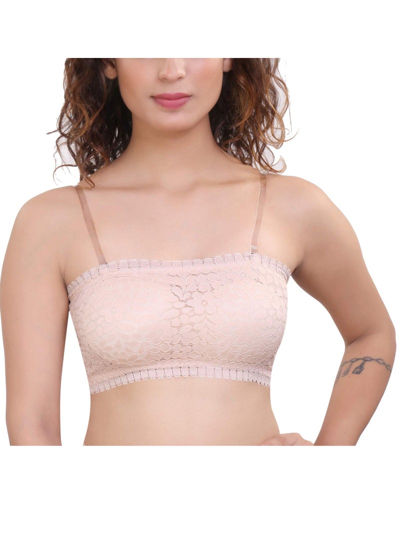 Glamroot Women's Padded Seamless Floral Lace Tube Strapless Bra with Removable soft cups, Beige - Image 1