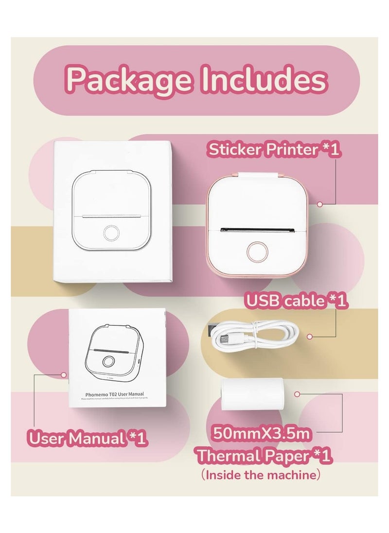 phomemo - Phomemo Pocket Sticker Printer T02 Mini Pocket Thermal Printer, Wireless Bluetooth Photo Printer for DIY Journal, Notes, Memo, Photo, Mini Receipt Printer Compatible with iOS and Android, Pink - Image 1