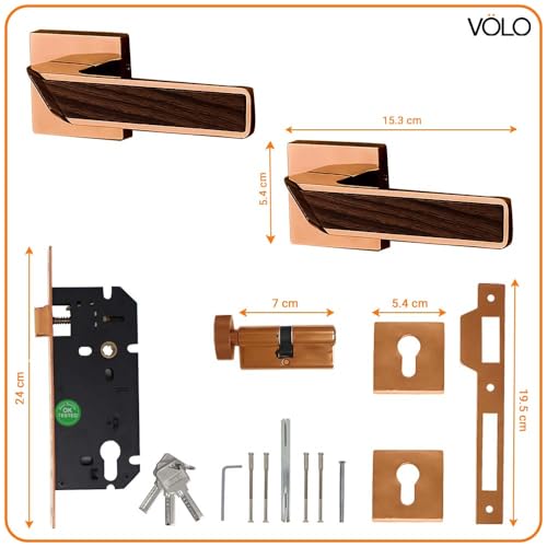 Volo Luxury Series Mortise Door Lock | Bedroom Door Lock with Brass Cylinder and 10" Lock Body for Home/Hotels/Office with 3 Brass Computerised Keys (Mortise Handle Set On Rose, PVD Rose Gold) - Image 2