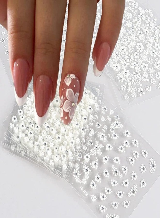 Scheibe 3D Nail Art Stickers, White Floral Design with Rhinestones, 12 Sheets, Self-Adhesive Decorative Decals for Manicure - Image 1