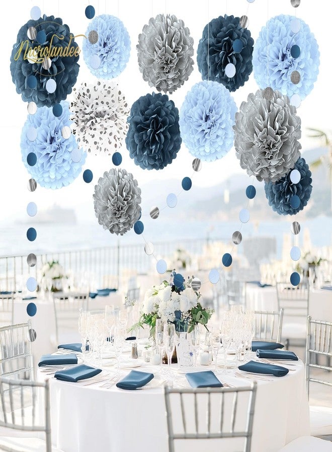 NICROLANDEE Dove Blue Wedding Decorations 15 x Silk Pom Poms Paper Garland Something Blue Bridal Shower Hen Party Baby Shower Decoration - Image 5