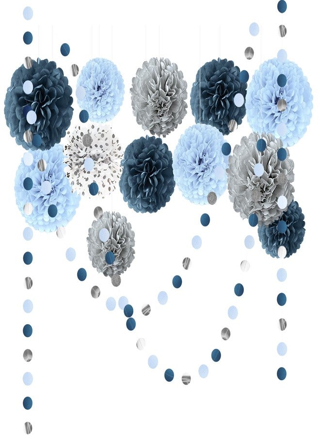 NICROLANDEE Dove Blue Wedding Decorations 15 x Silk Pom Poms Paper Garland Something Blue Bridal Shower Hen Party Baby Shower Decoration - Image 1