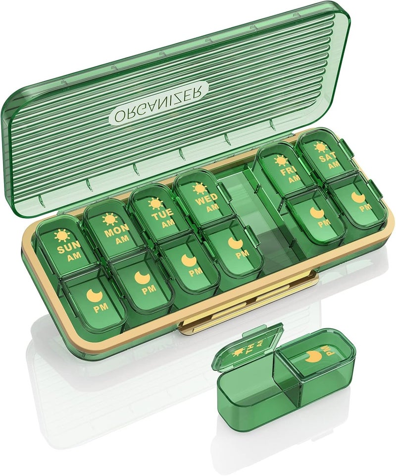 Acedada Pill Organizer 2 Times A Day, 7 Day Am Pm Pill Box - Acedada Weekly Pill Organizer with Separate Container, Portable Daily Medicine Planner Dispenser Case for Vitamin, Fish Oils, Supplements, Green 