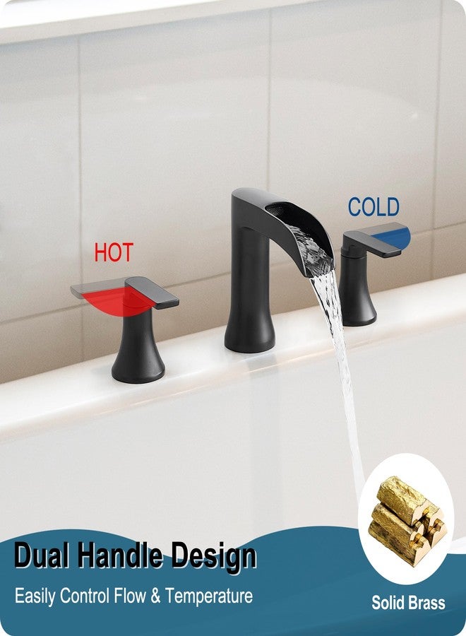 HOIGY Solid Brass Waterfall Bathtub Faucets Set, 3 Hole Matte Black Tub Faucet 2 Handle, High Flow Roman Tub Faucets Widespread 6-16 Inch Deck Mount - Image 3
