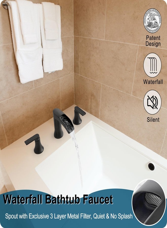 HOIGY Solid Brass Waterfall Bathtub Faucets Set, 3 Hole Matte Black Tub Faucet 2 Handle, High Flow Roman Tub Faucets Widespread 6-16 Inch Deck Mount - Image 2