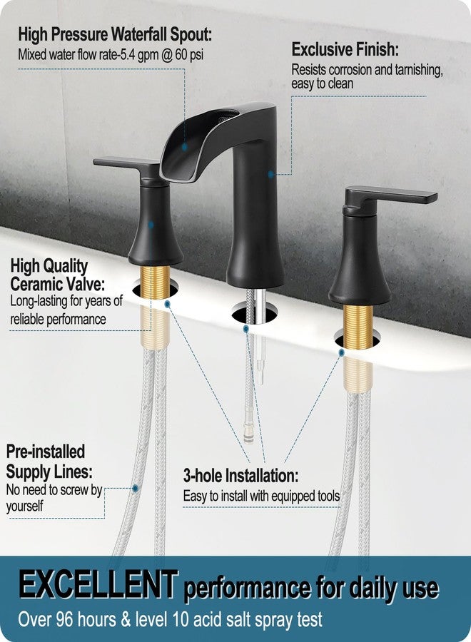 HOIGY Solid Brass Waterfall Bathtub Faucets Set, 3 Hole Matte Black Tub Faucet 2 Handle, High Flow Roman Tub Faucets Widespread 6-16 Inch Deck Mount - Image 5