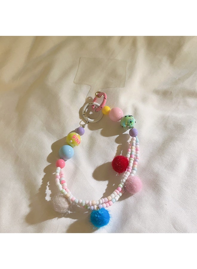 NIBEMINENT Beaded Phone Lanyard, Anti Lost Removable Wrist Strap, Adorable Furball Bracelet Pendant, Phone Keychain Lanyard, Color