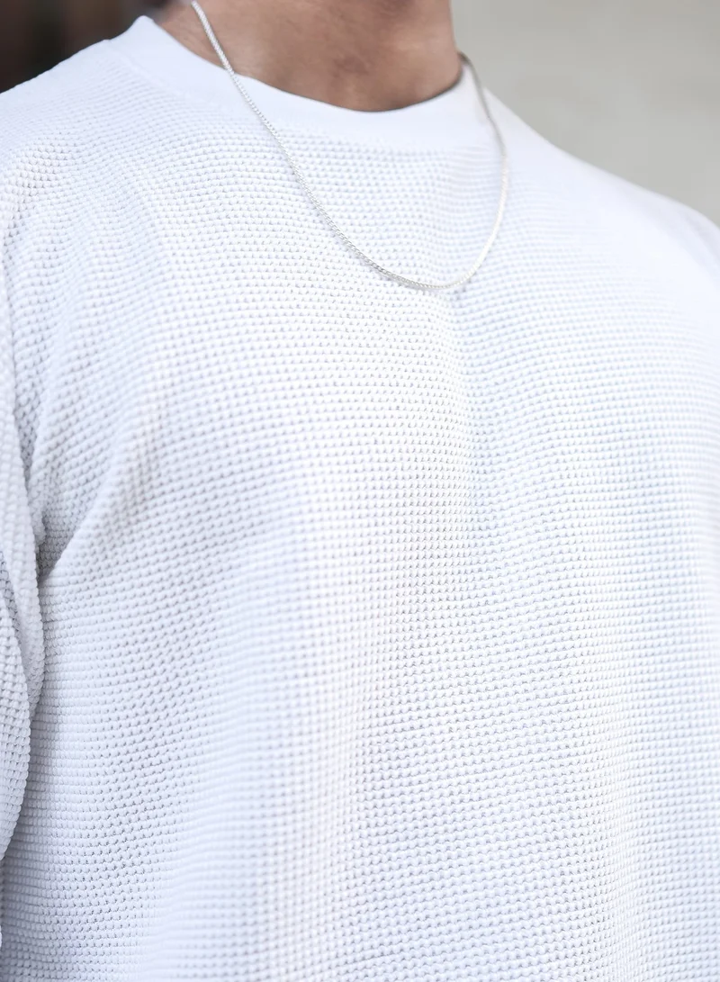 Maniac Maniac Mens Solid Textured Round Neck Full Sleeve White Cotton Sweatshirt