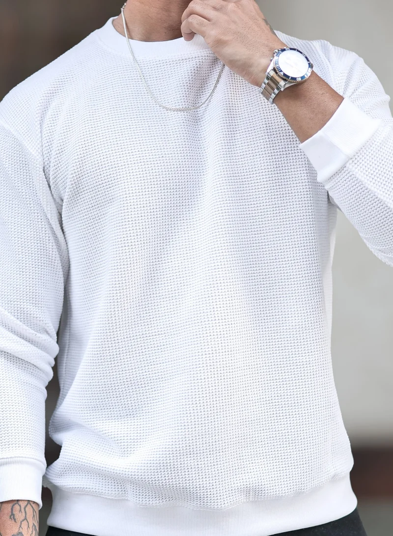 Maniac Maniac Mens Solid Textured Round Neck Full Sleeve White Cotton Sweatshirt