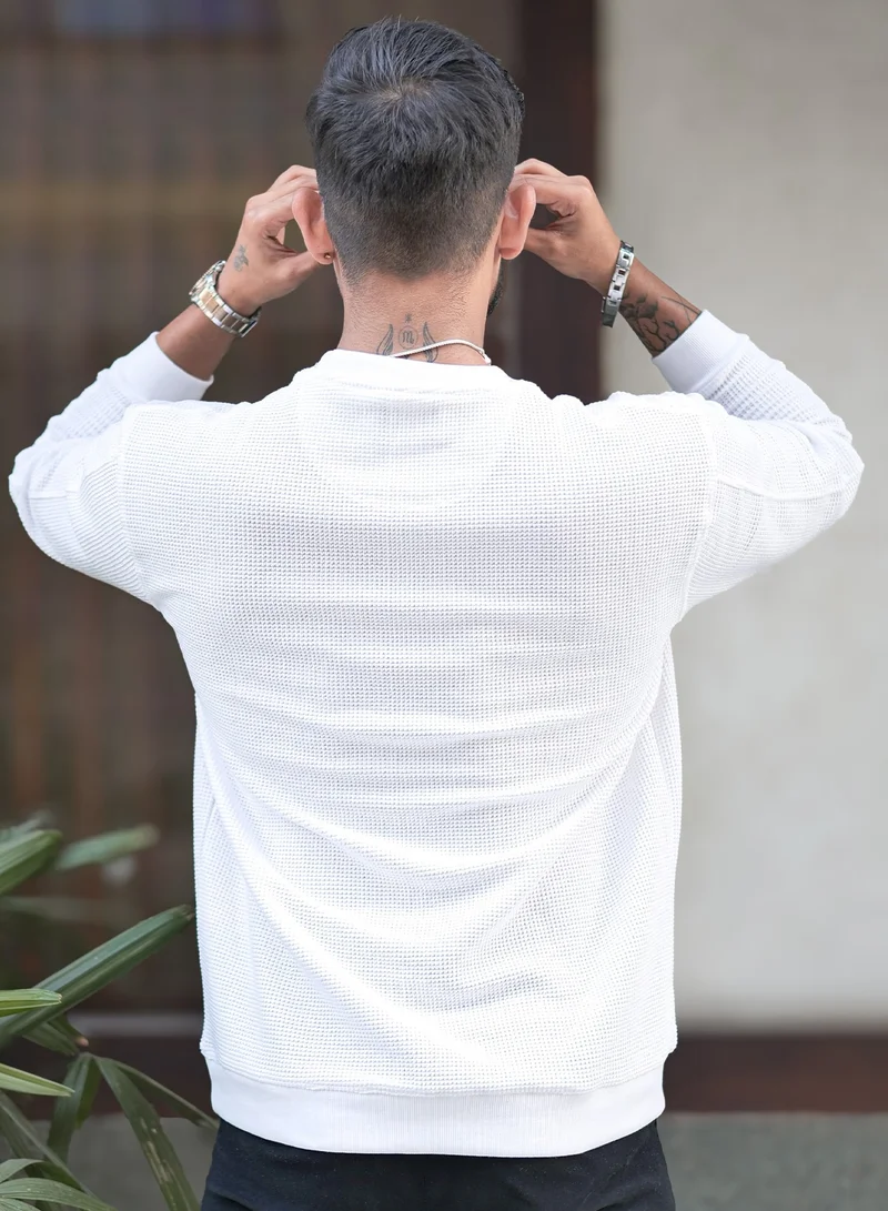Maniac Maniac Mens Solid Textured Round Neck Full Sleeve White Cotton Sweatshirt