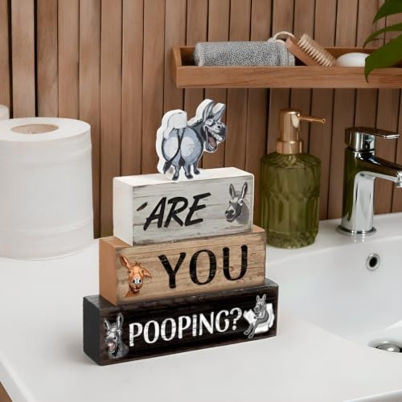 4pcs Are You Pooping Wood Sign Bathroom Wooden Signs Rustic Farmhouse Toilet Bathroom Decor Western Wood Framed for Home Restroom Gift - Image 3