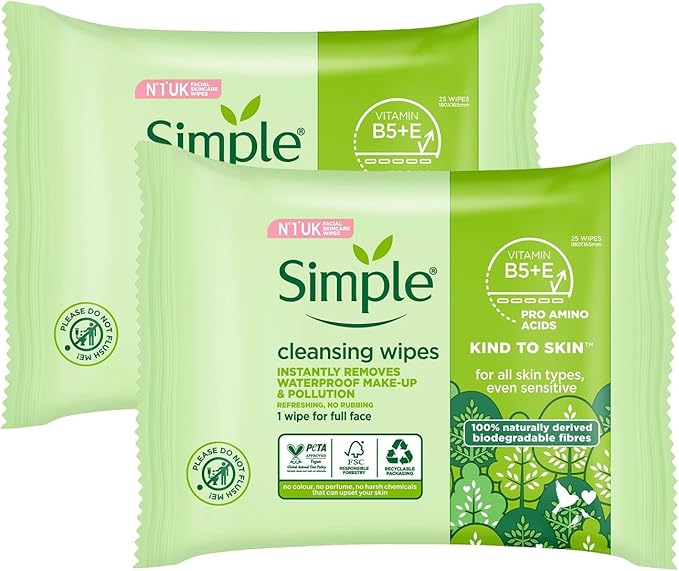 simple مناديل تنظيف قابلة للتحلل من سيمبل كايند تو سكين لإزالة مكياج العيون المقاوم للماء للبشرة الحساسة 6x 25 مناديل - Image 1
