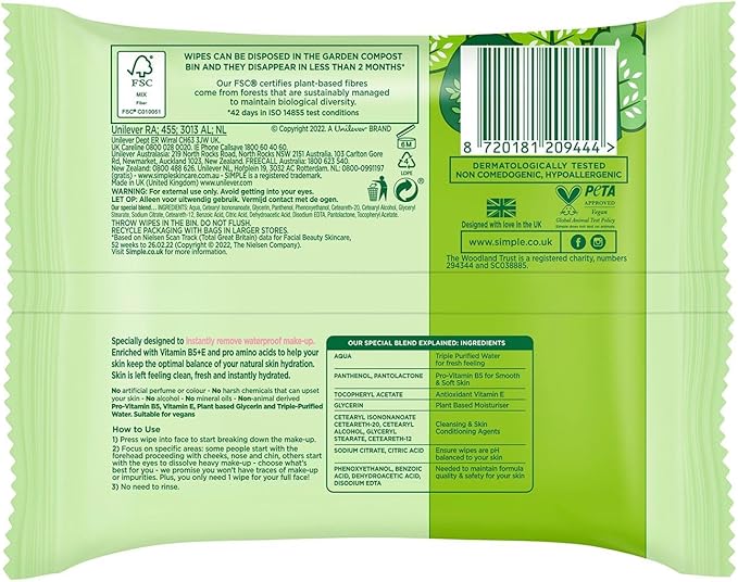 simple مناديل تنظيف قابلة للتحلل من سيمبل كايند تو سكين لإزالة مكياج العيون المقاوم للماء للبشرة الحساسة 6x 25 مناديل - Image 2