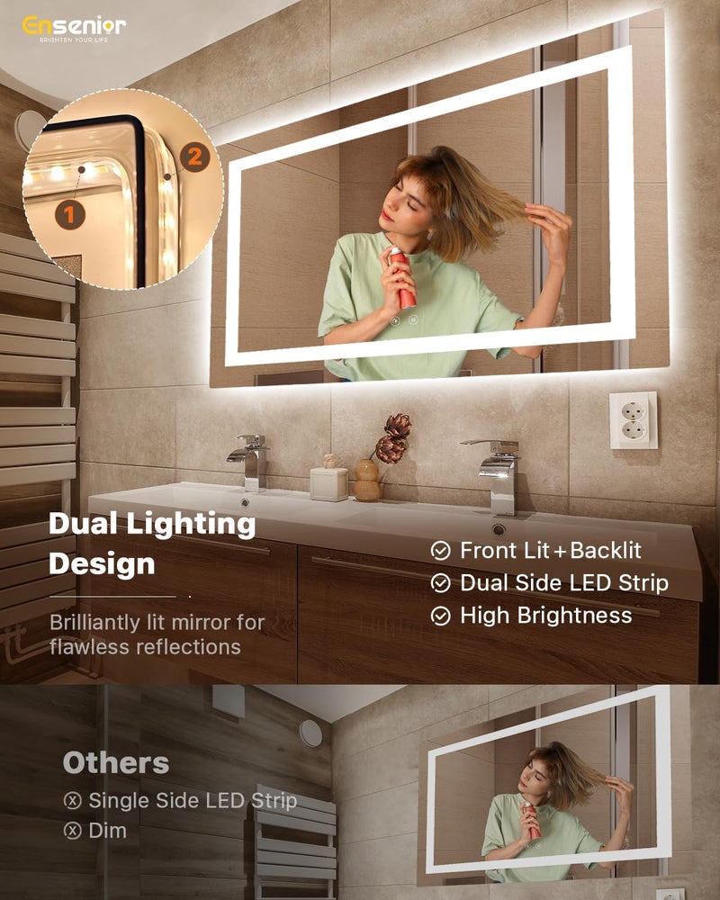 Ensenior LED Bathroom Mirror 55"x 30" with Front and Backlight, Stepless Dimmable Wall Mirrors with Anti-Fog, Shatter-Proof, Memory, 3 Colors, Modern LED Vanity Mirror-ETL & FCC - Image 2