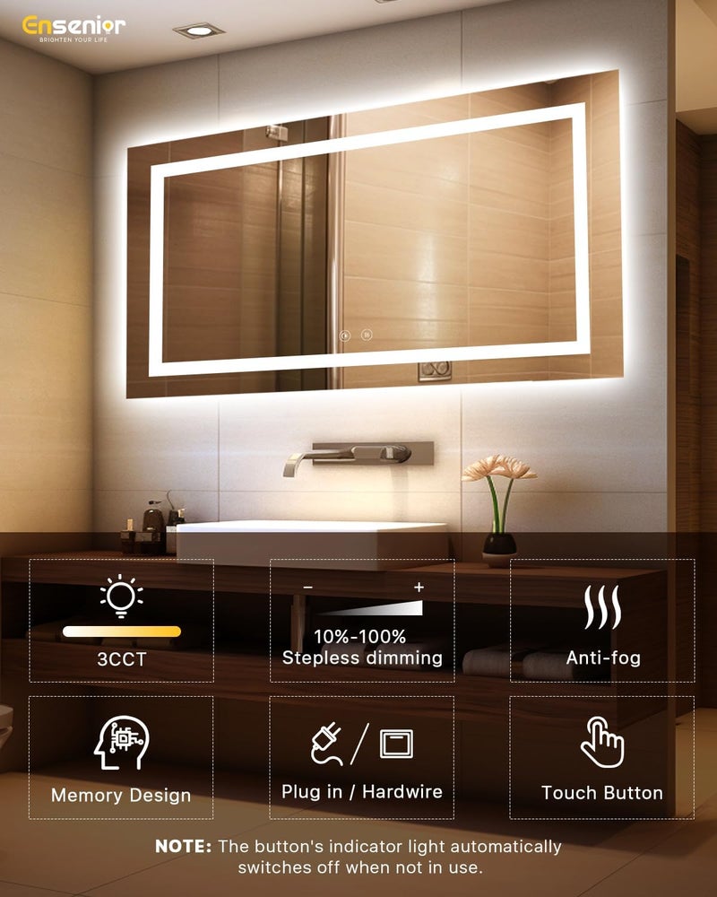 Ensenior LED Bathroom Mirror 55"x 30" with Front and Backlight, Stepless Dimmable Wall Mirrors with Anti-Fog, Shatter-Proof, Memory, 3 Colors, Modern LED Vanity Mirror-ETL & FCC - Image 4
