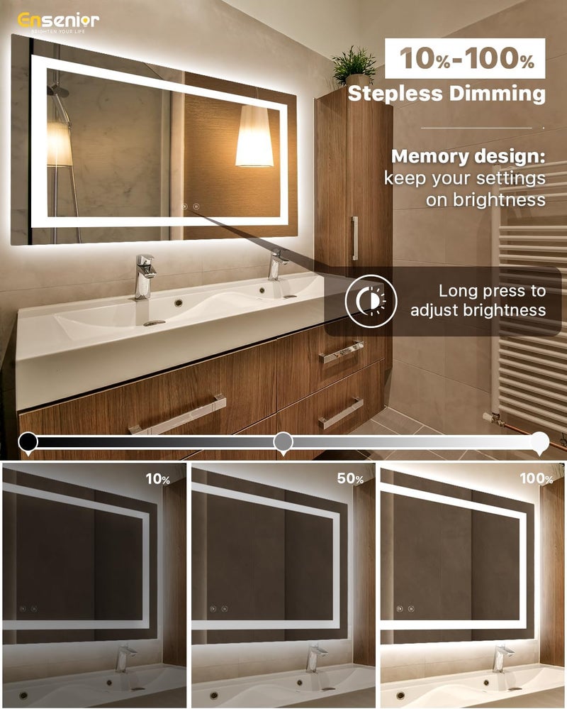 Ensenior LED Bathroom Mirror 55"x 30" with Front and Backlight, Stepless Dimmable Wall Mirrors with Anti-Fog, Shatter-Proof, Memory, 3 Colors, Modern LED Vanity Mirror-ETL & FCC - Image 5