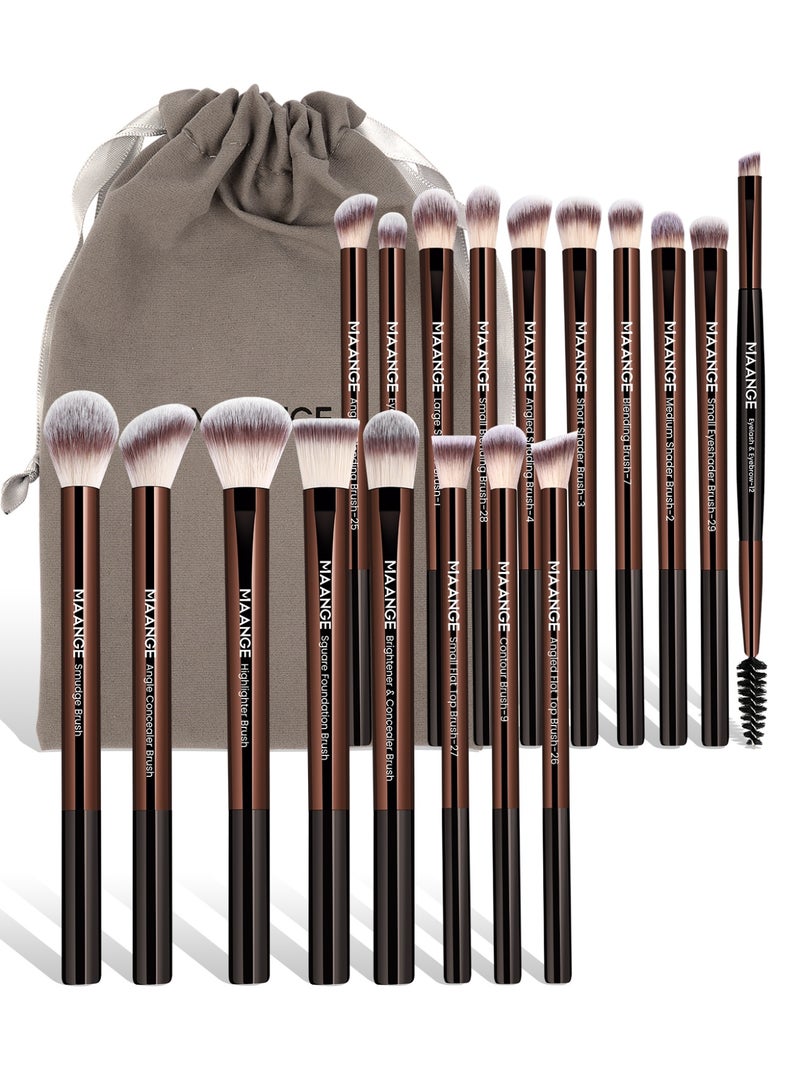 MAANGE مجموعة فرش المكياج مع حقائب قماشية، 18 قطعة فرش مكياج احترافية من الكابوكي الاصطناعي، فرش أساس، خلط، بودرة وجه، بلاشر، خافي عيوب، ظلال عيون، مجموعة فرش مكياج بني - Image 1