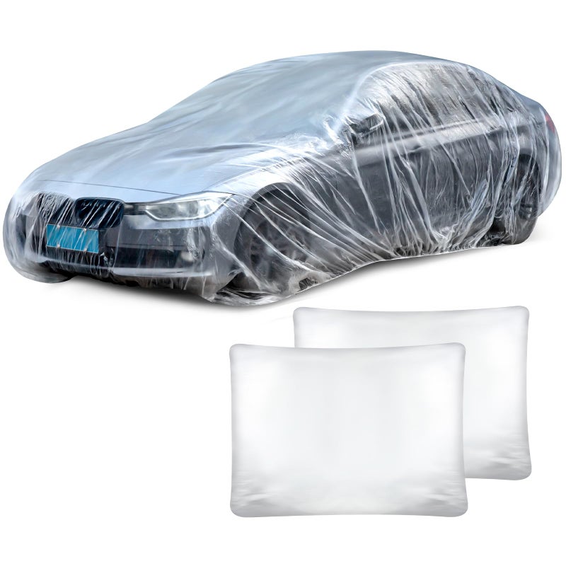 BBTO 30 Pack Universal Plastic Car Cover with Elastic Band Disposable Clear Car Covers Bulk 125 x 216 ft Waterproof Dustproof Full Exterior Protector for Sedan Outdoor Snow Rain Weather