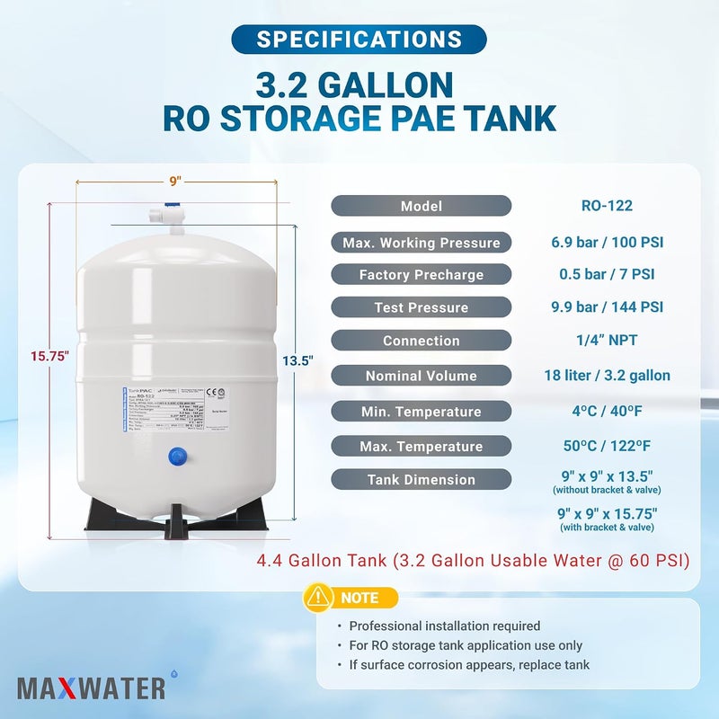 Max Water Heavy Duty 4.4 Gallon @100 PSI Pressurized RO Water Storage Tank, PA-E RO-132 + Valve - Image 2