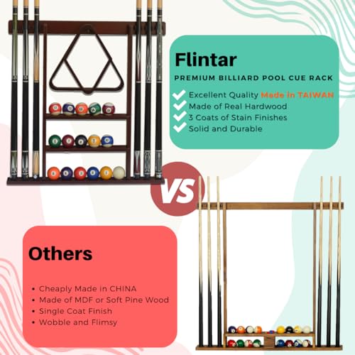 Flintar Wall mount Cue Rack, Billiard Pool Cue Stick holder, Made of Solid Hardwood, Cue-Rack Only, Orange-Oak Finish - Image 3