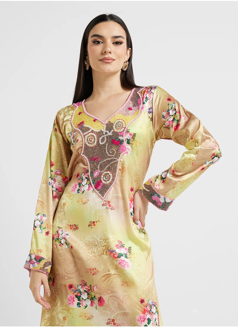 ARABIAN CLOSET Embellished Belted Jalabiya