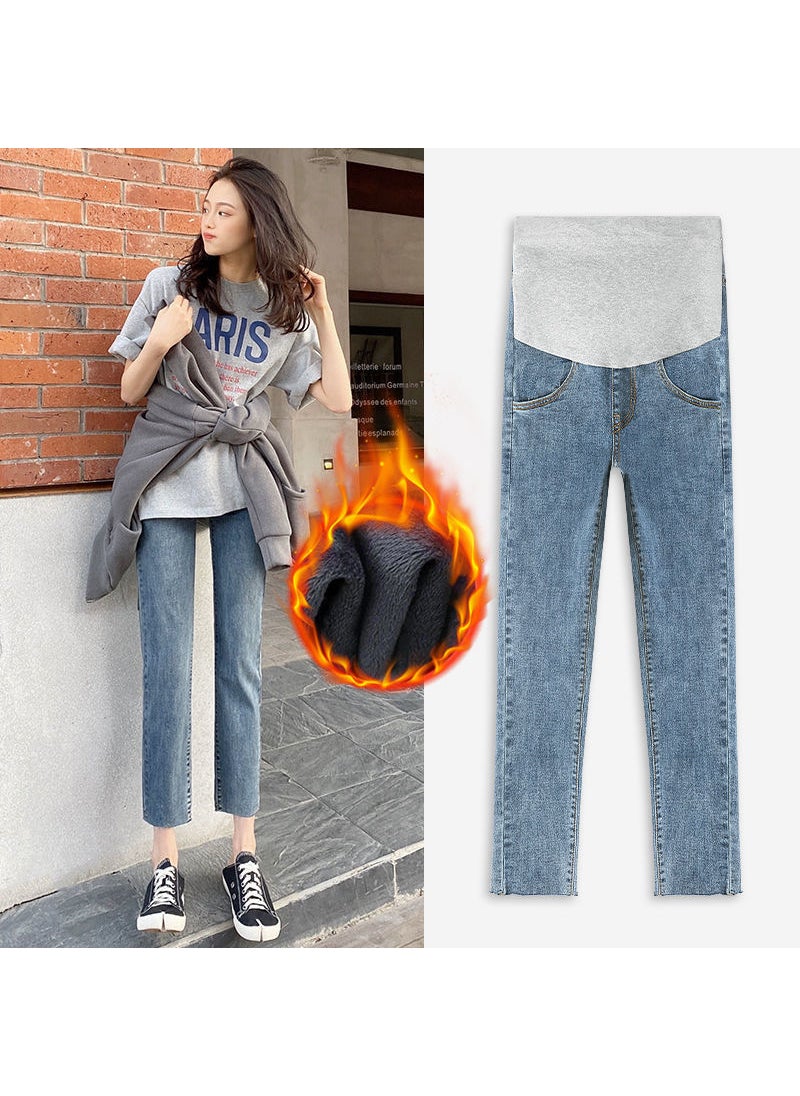 Generic Straight-leg Maternity Jeans Loose-fit For Autumn/winter Season Outer Wear Belly Support Available In 8/9 Lengths Blue [cropped pants] Winter fleece-lined 