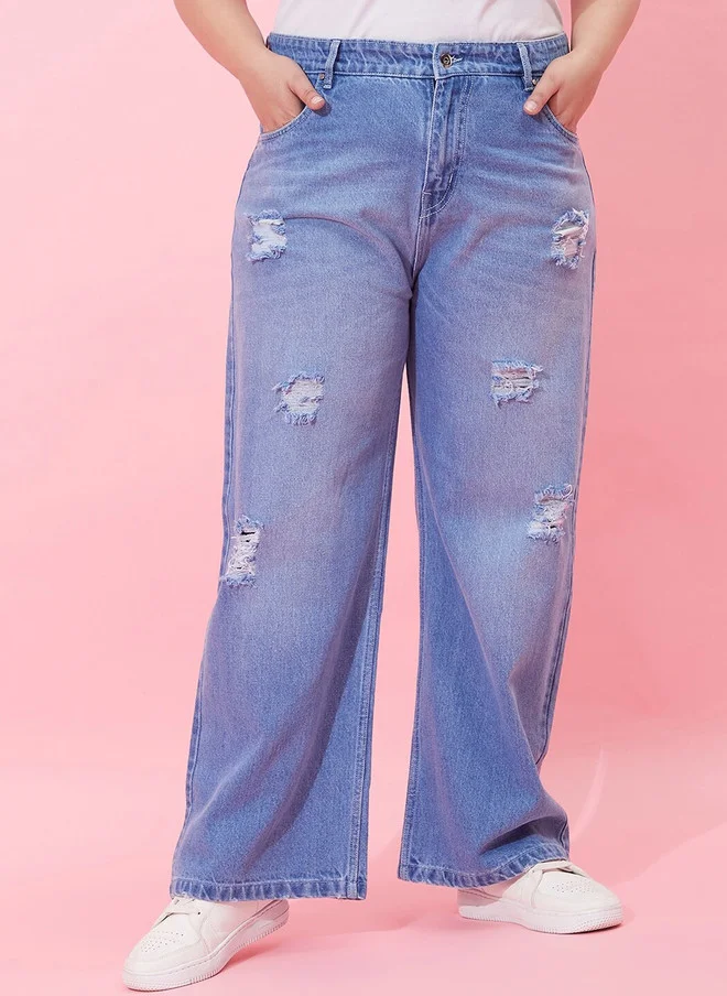 CURVY STREET Flared High-Rise Distressed Light Fade Jeans for Women