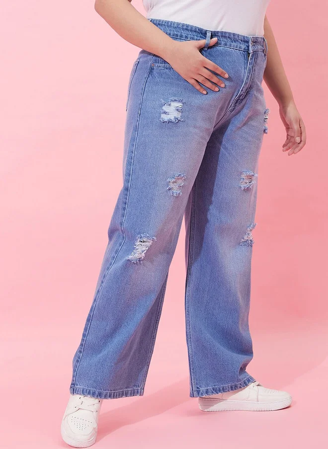 CURVY STREET Flared High-Rise Distressed Light Fade Jeans for Women