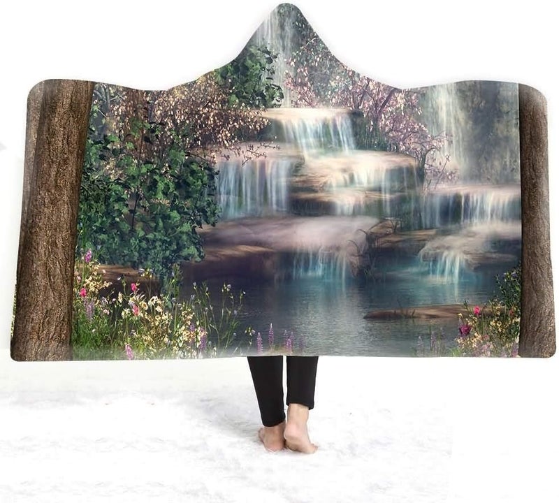 Winter Plush Wearable Cloak Double-Layer Bath Kids Adult Throw Forest Tree Printed Hooded Blanket Daily Use (Colour: 7 Size: 200150) (5200 x 150) - Image 3