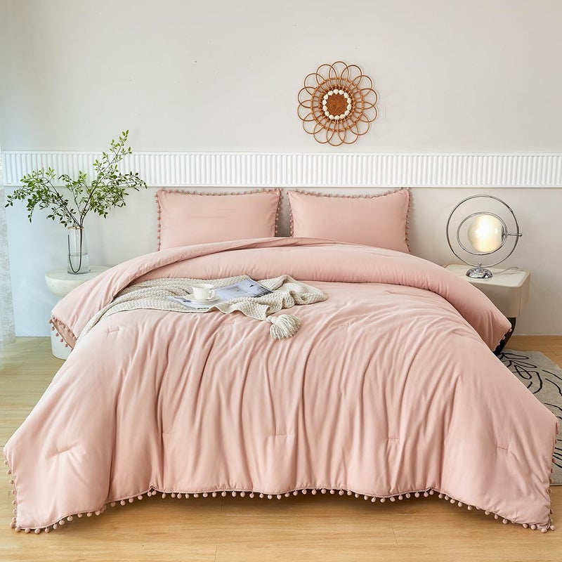 PERFEMET 5 Pieces Girls Blush Comforter Set Full Aesthetic Solid Pom Pom Comforter Soft Microfiber Dusty Pink Bed in A Bag Kids for All Season(Blush, Full) - Image 2