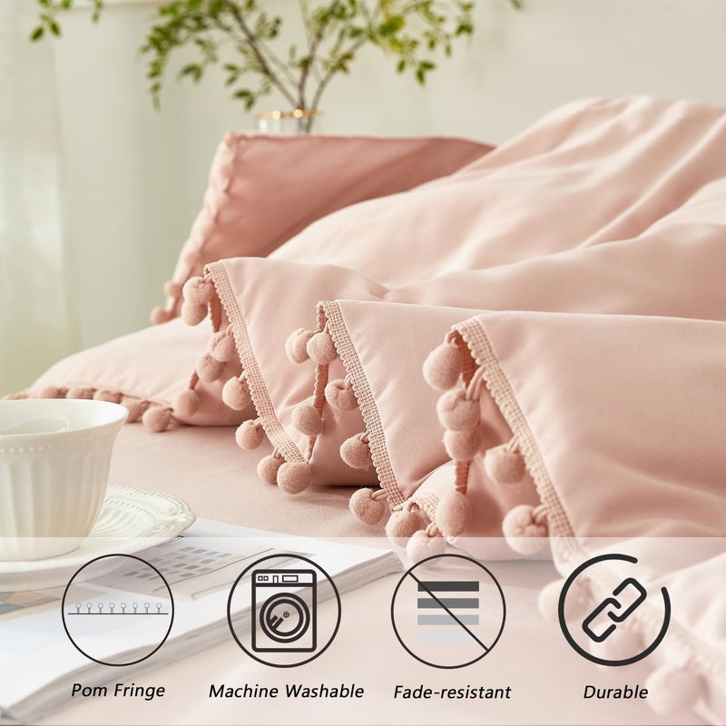 PERFEMET 5 Pieces Girls Blush Comforter Set Full Aesthetic Solid Pom Pom Comforter Soft Microfiber Dusty Pink Bed in A Bag Kids for All Season(Blush, Full) - Image 4