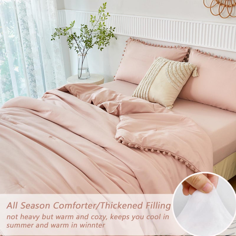 PERFEMET 5 Pieces Girls Blush Comforter Set Full Aesthetic Solid Pom Pom Comforter Soft Microfiber Dusty Pink Bed in A Bag Kids for All Season(Blush, Full) - Image 5