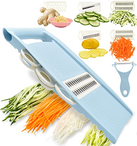 NACOLUS 5 in 1 Mandoline Slicer for Kitchen Vegetable Slicer Multi Blade Potato Chip Veggie shredder Vegetable Cutter Julienne Shredder and peeler For Small Job In Kitchen Blue