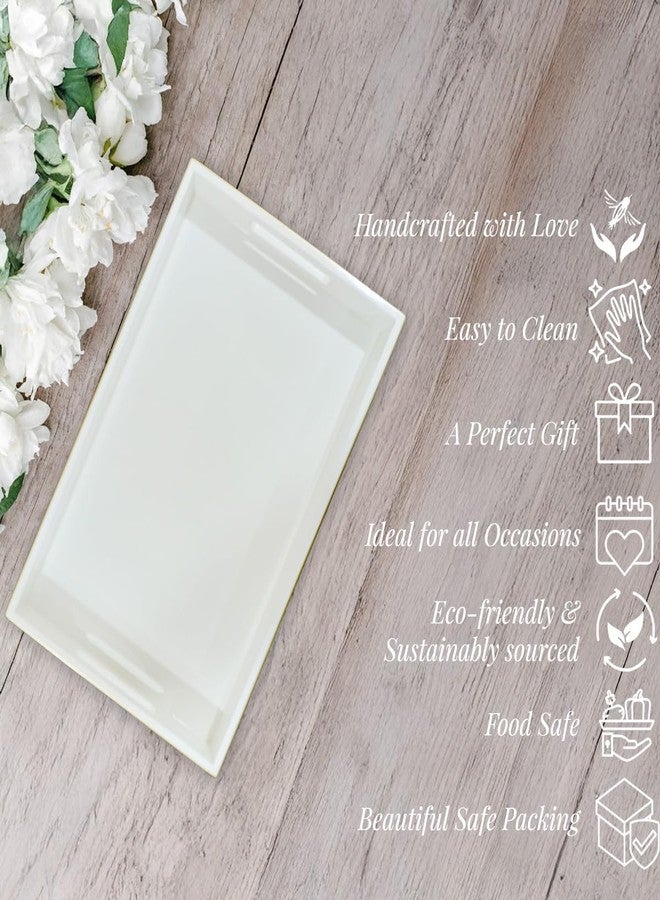 CRAFTSLANE Handmade Wooden Serving Tray | Fancy Serving Tray for Snacks, Tea, Kitchen, Coffee Table, Dining | Serving Tray with Handle | Wedding Trousseau | Solid Eggshell 31 x 19.7 x 3.8 cm - Image 2