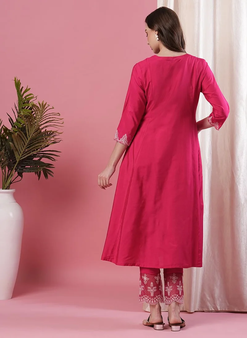 globus Globus Women Embroidered & Pleated Yoke Calf Length A-Line Kurta With Trousers Festive Set