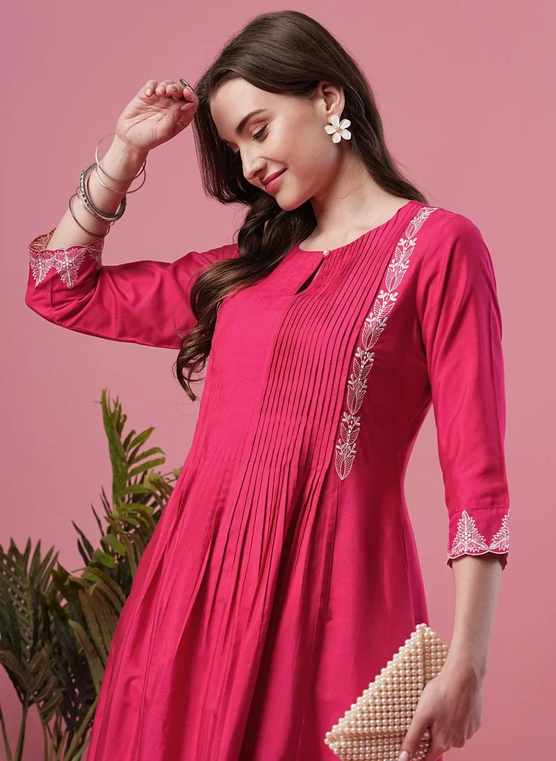 globus Globus Women Embroidered & Pleated Yoke Calf Length A-Line Kurta With Trousers Festive Set