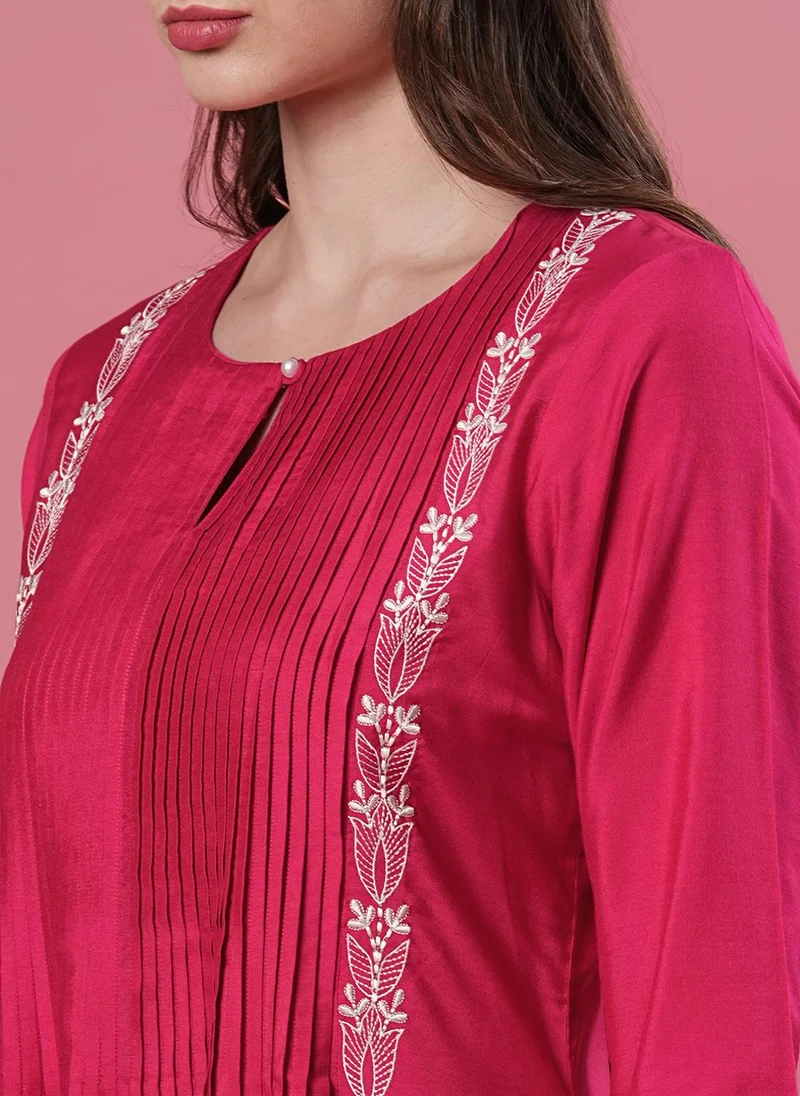globus Globus Women Embroidered & Pleated Yoke Calf Length A-Line Kurta With Trousers Festive Set