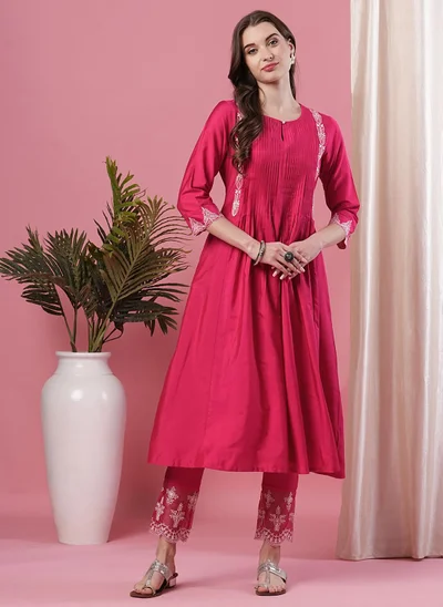 globus Globus Women Embroidered & Pleated Yoke Calf Length A-Line Kurta With Trousers Festive Set
